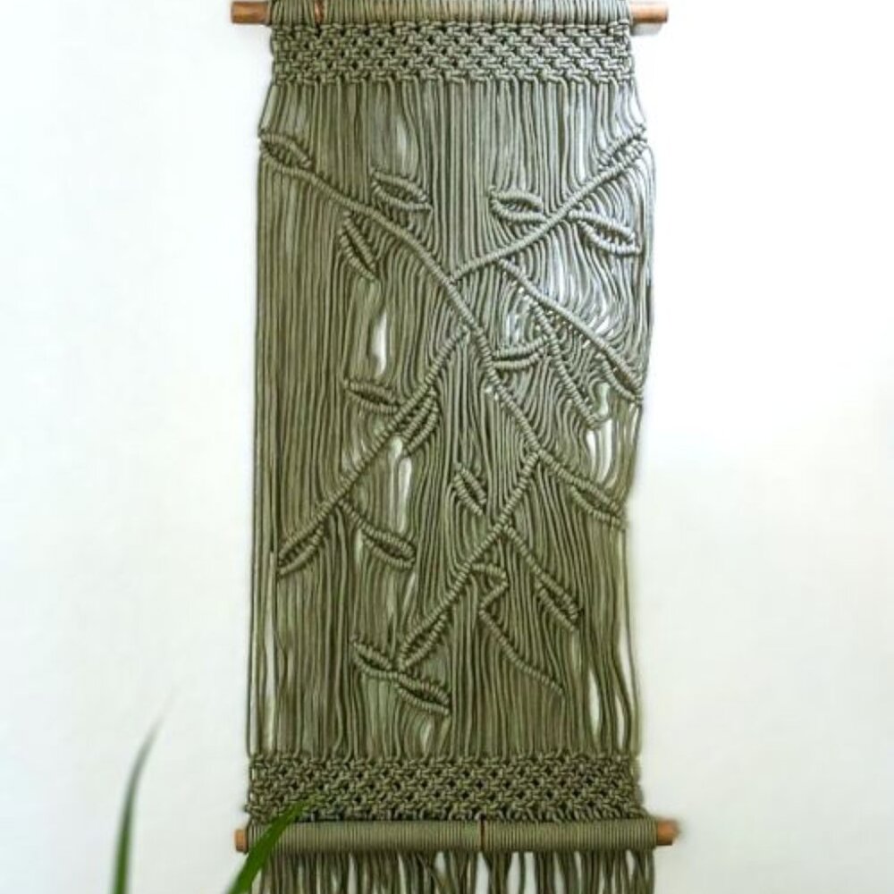 OOAK Artisanal Tapestry Wall Hanging Sage Green Macrame Botanical Leaves & Vines